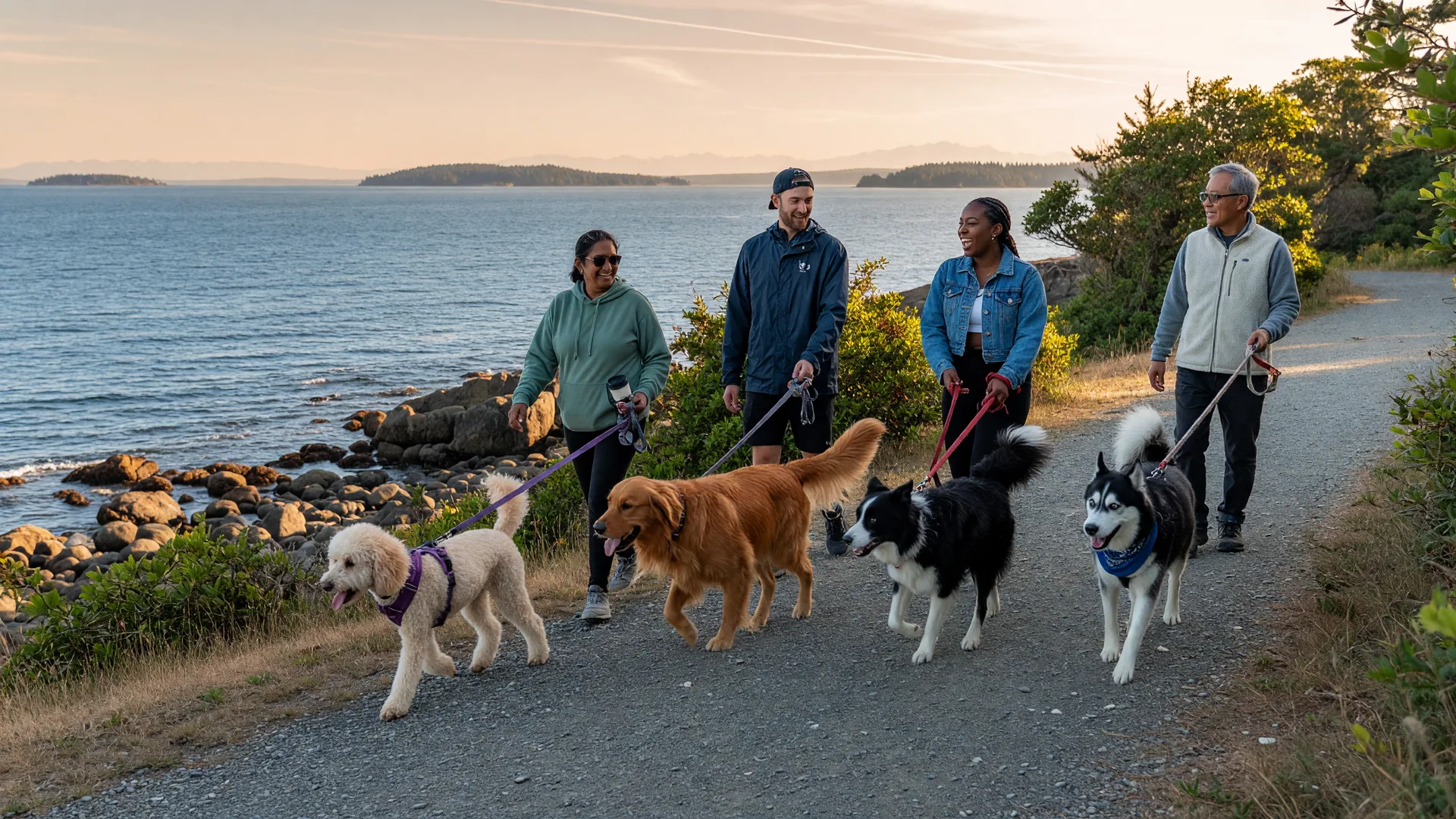 A group of dog owners walking their dogs together on a sunny coastal trail near Victoria, BC
