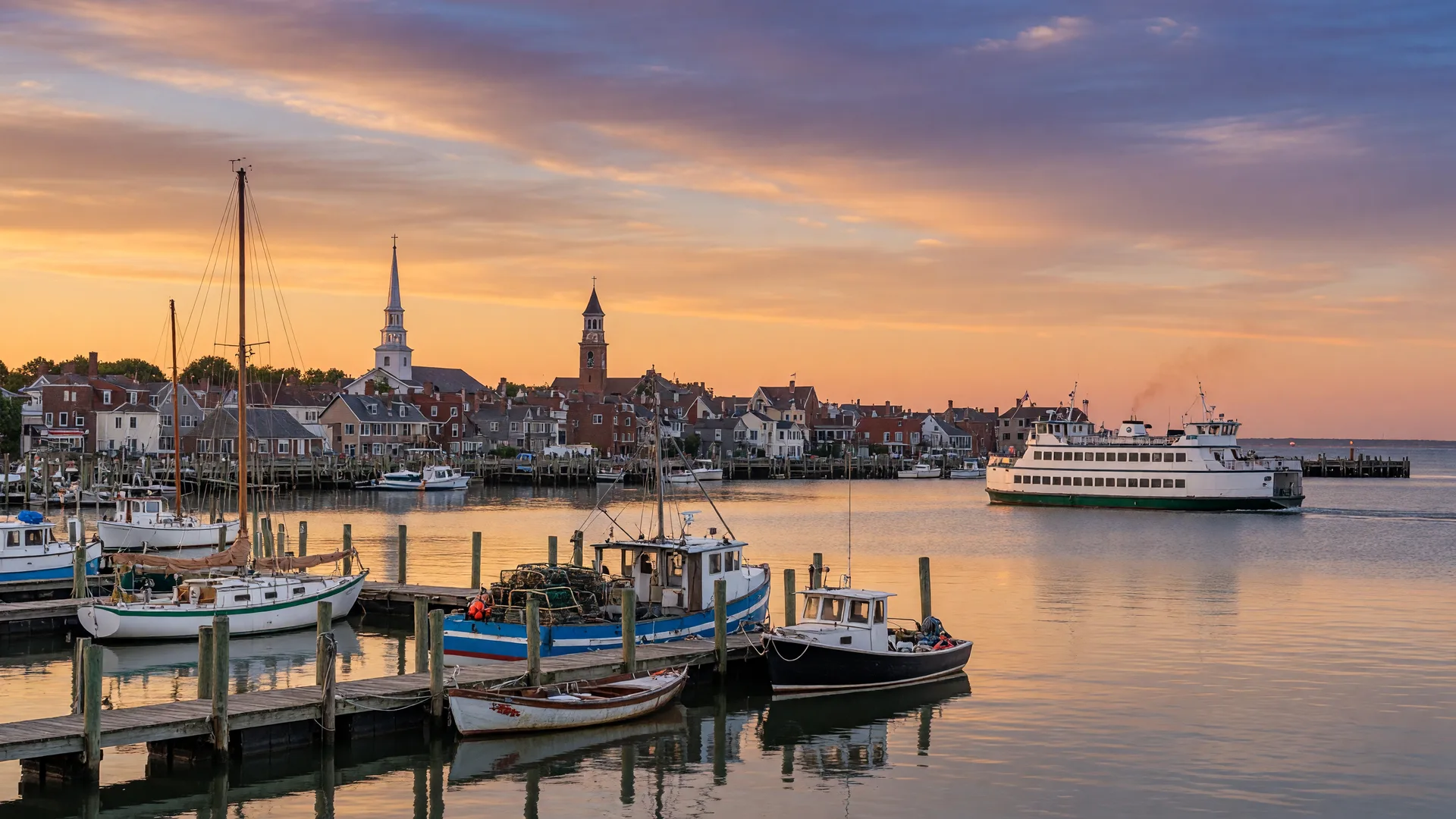 A scenic view of Lewes, Delaware with historic homes near the waterfront