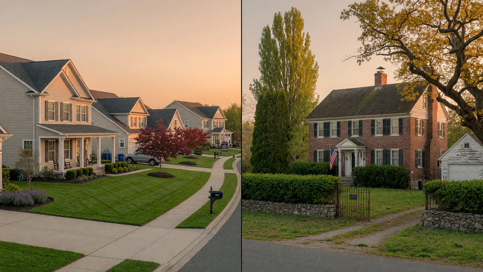 Split-screen comparison of a modern Marlton suburban home and a historic Cherry Hill Colonial home