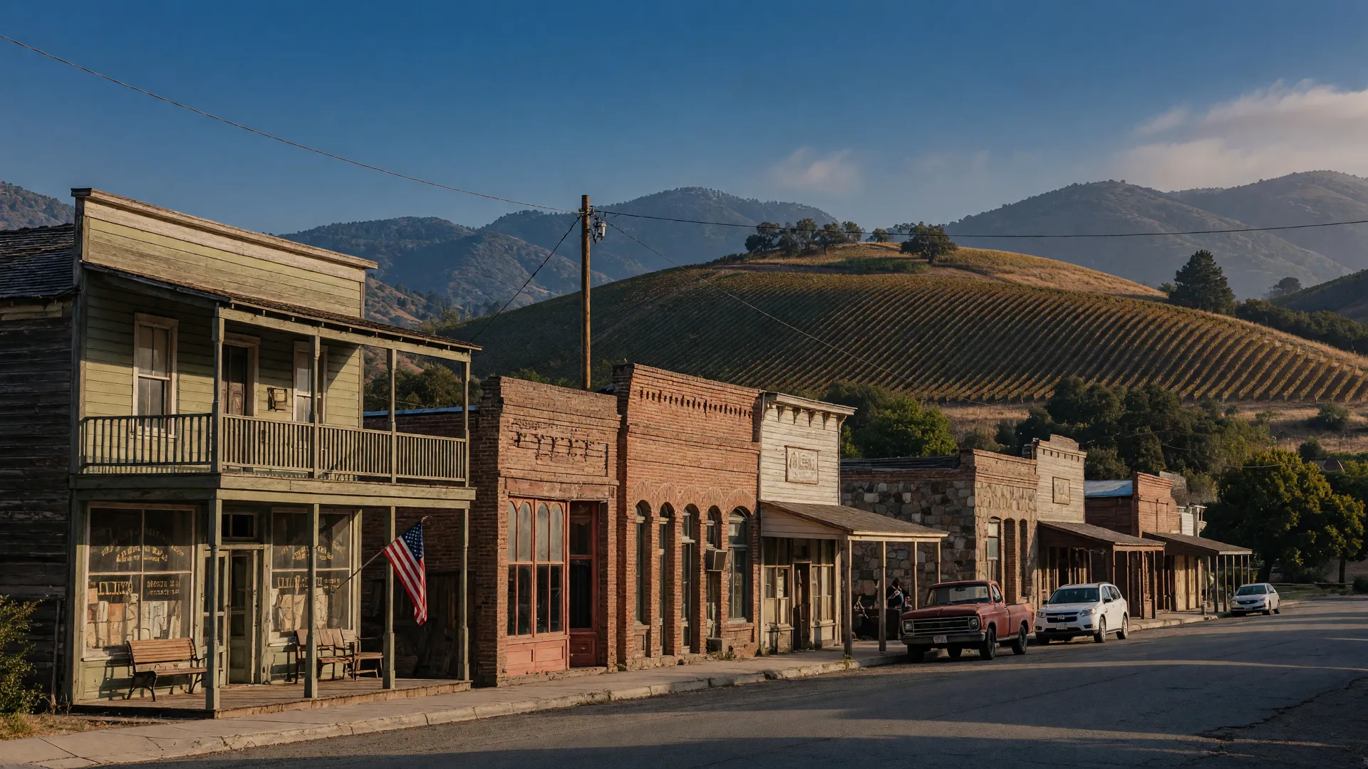 Historic Gold Rush-era Main Street in El Dorado, California with vineyards in the foothills