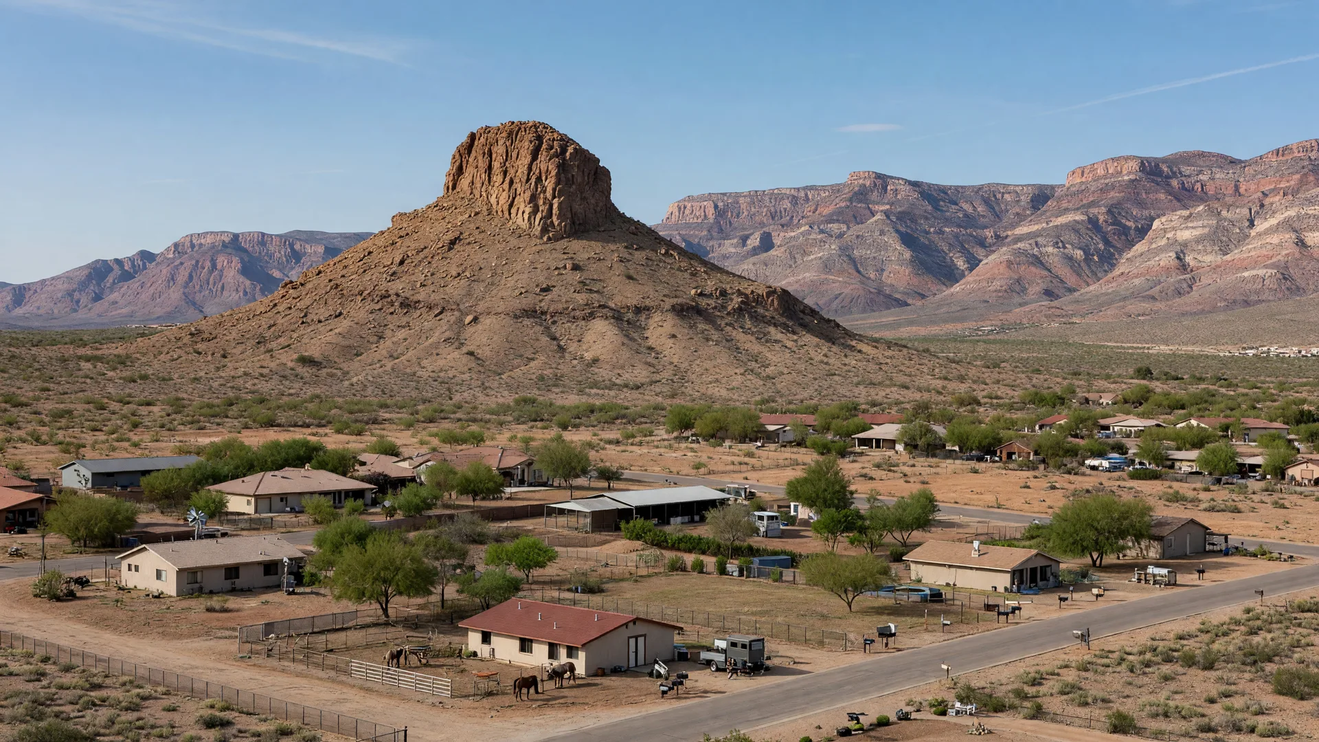 Lone Mountain area in northwest Las Vegas with a rocky desert butte rising behind semi-rural homes on wide, horse-friendly lots