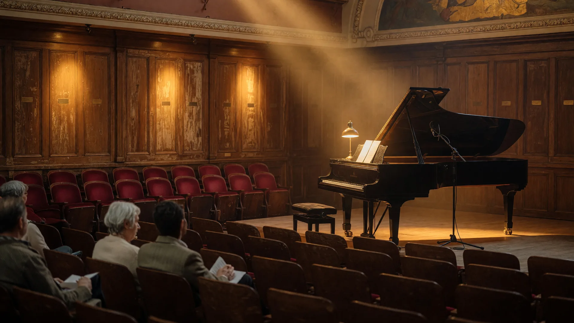 An intimate concert in a historic small-city auditorium with a grand piano and microphone stands on a softly lit stage, golden stage light over wooden panel walls and rows of audience chairs