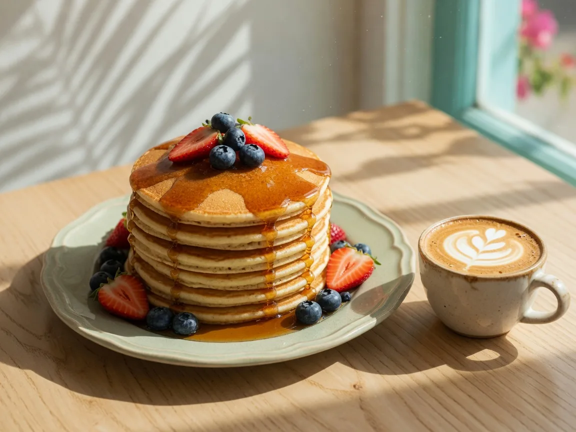 Stack of fluffy pancakes with real maple syrup and fresh berries beside a cup of coffee at a Marco Island breakfast cafe