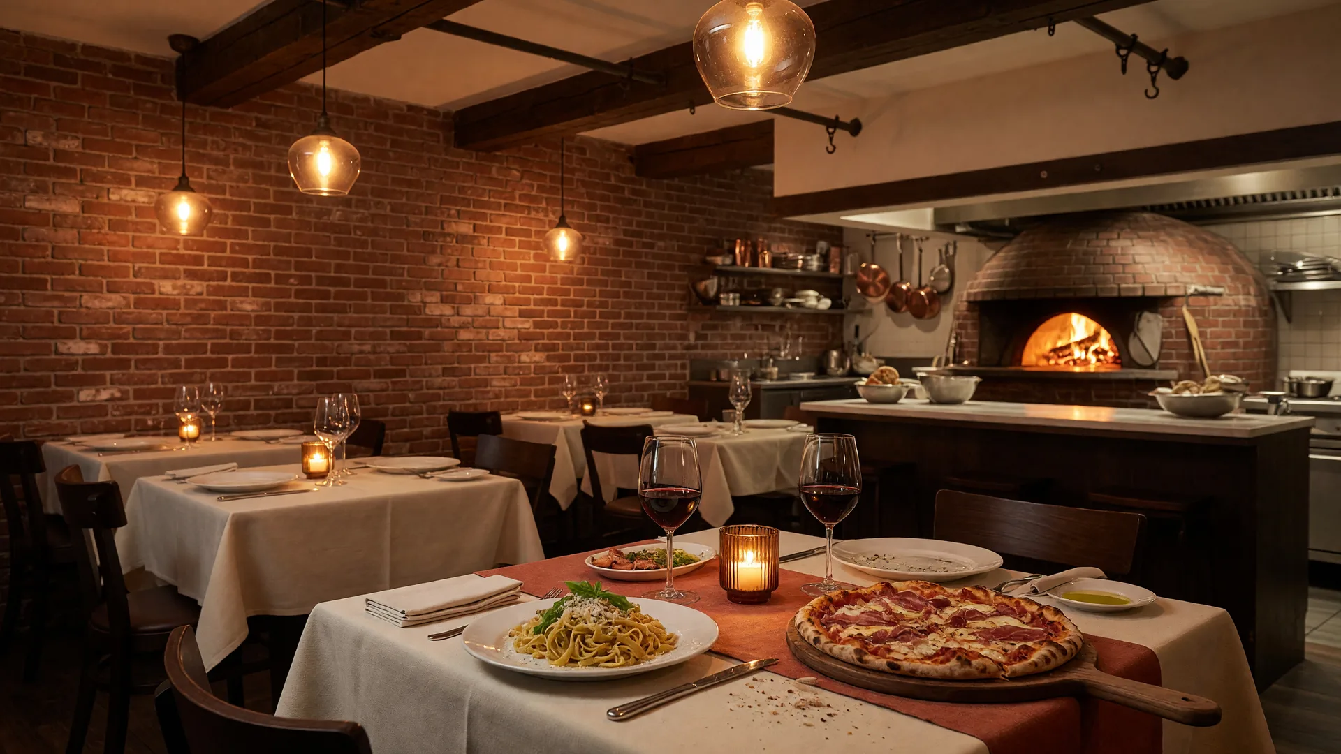 An upscale modern-Italian restaurant dining room at evening with red brick walls, a glowing wood-fired oven and candlelit tables set for dinner