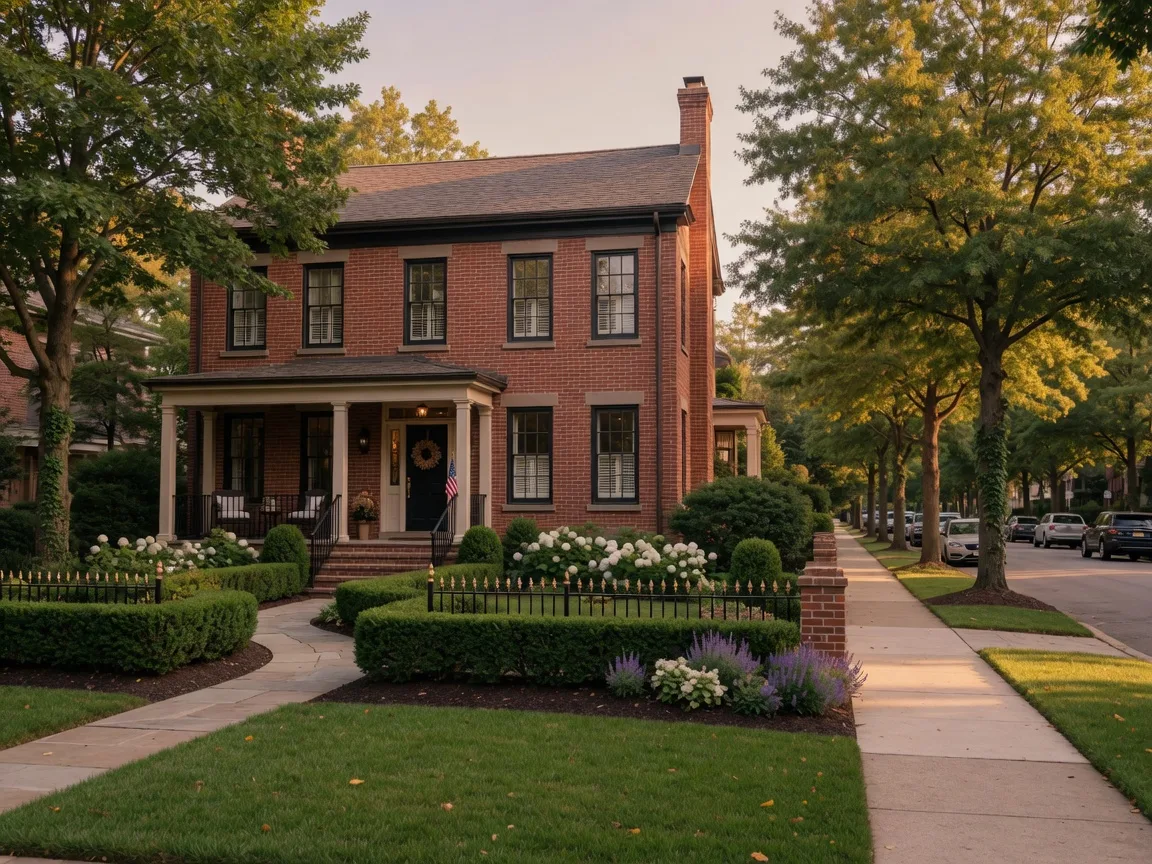 An upscale Bethesda street of stone and stucco homes behind mature hedges