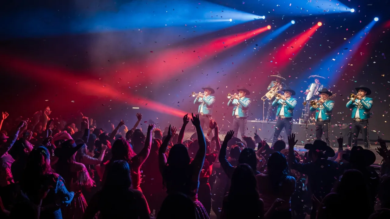A Tejano concert stage at night with a brass section under crimson and blue lights and a large silhouette crowd with raised hands