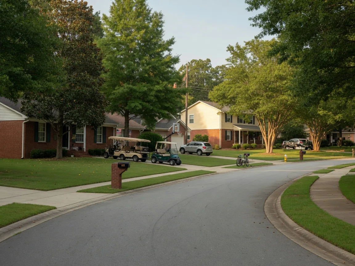 Quiet tree-lined family neighborhood in Fayette County with brick and siding homes, green lawns, wide sidewalks, and a parked golf cart in a driveway