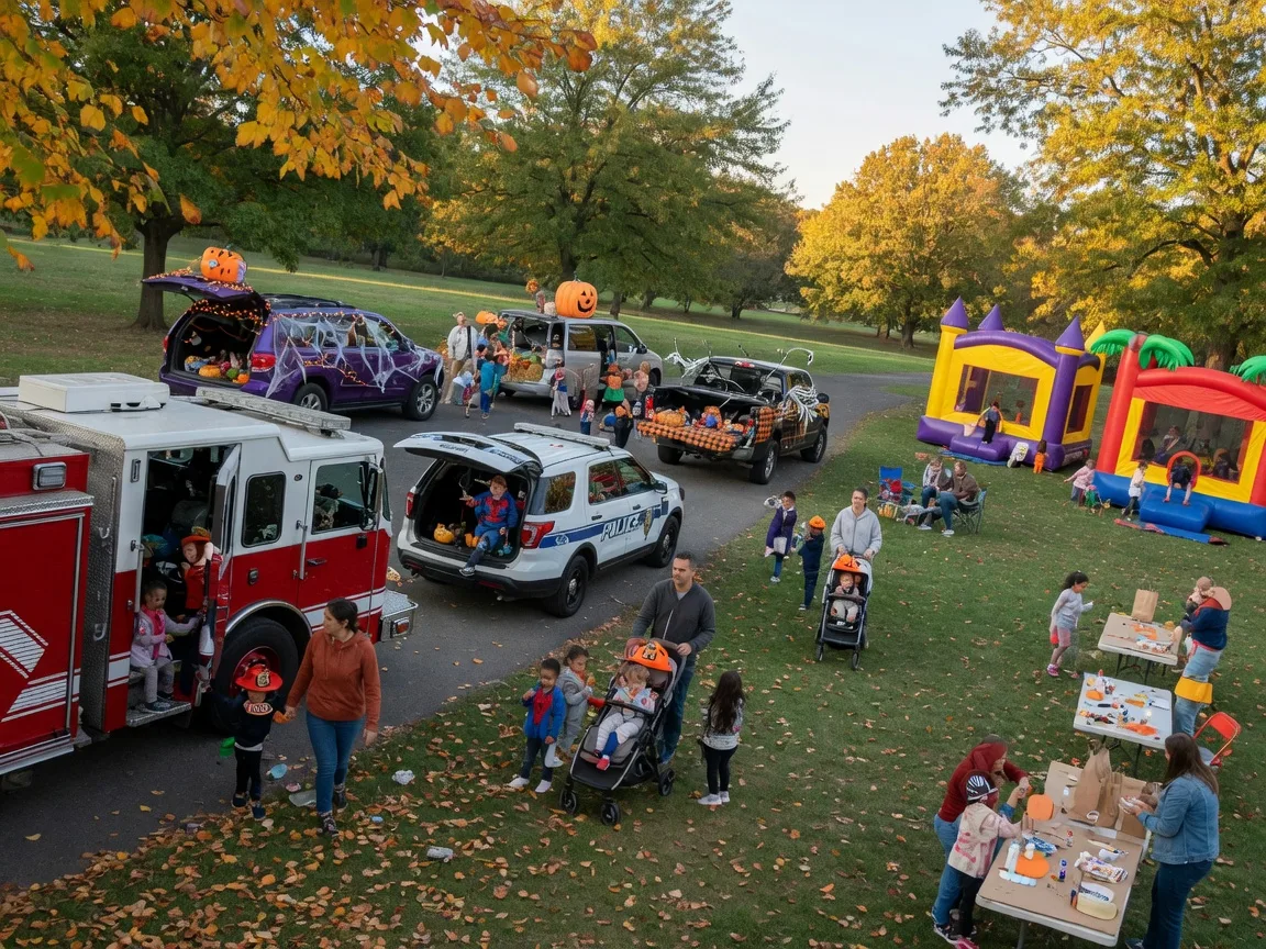 A family fall festival at Crestmont Park on a bright October afternoon, a fire truck open for kids to explore, a trunk-or-treat row of decorated cars, bounce houses and craft tables on the lawn, families with young children in warm low sun under gold and orange trees