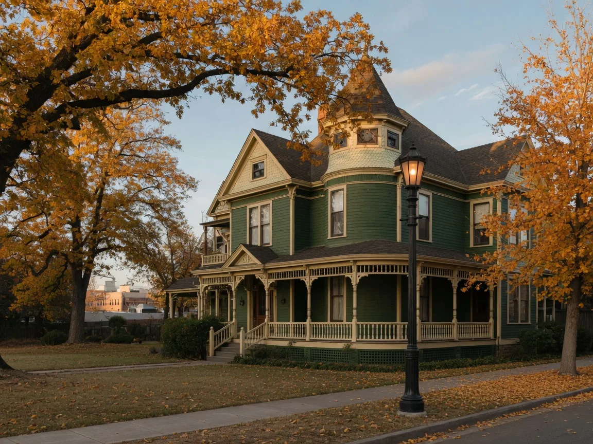 A stately Queen Anne Victorian house with a wraparound porch, fish-scale shingles, and gabled rooflines near downtown Merced on a crisp autumn afternoon, framed by golden valley oaks in warm raking light