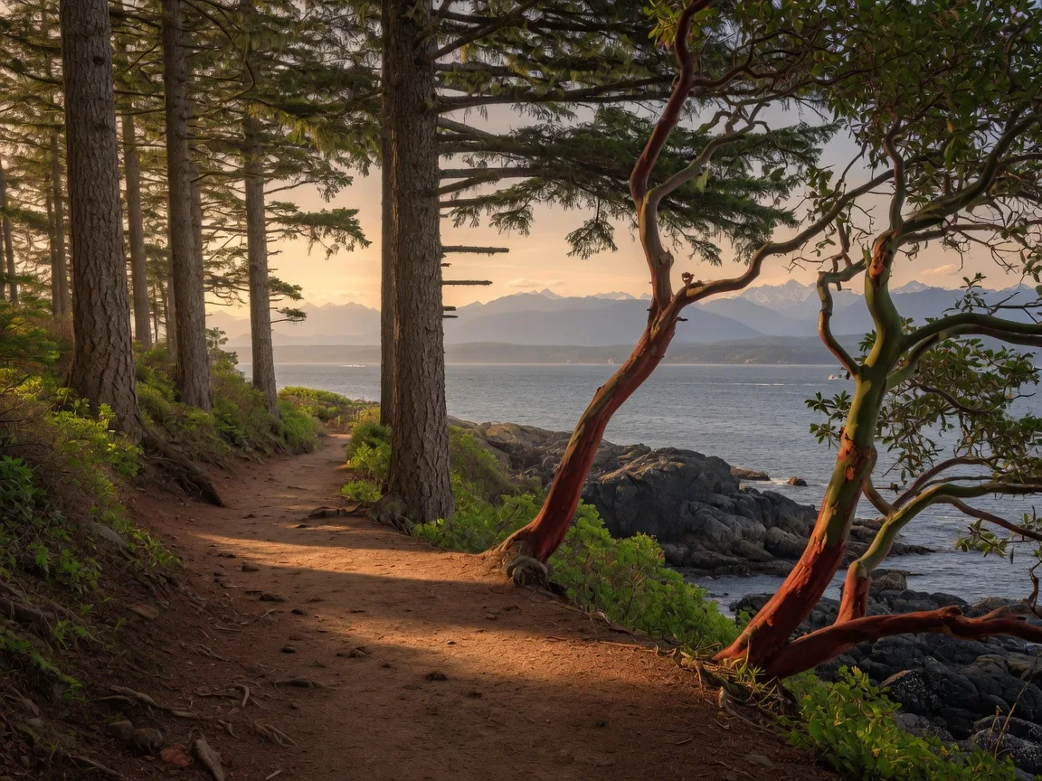 Forested coastal trail near Sooke winding through Douglas fir and arbutus trees with views of the Strait of Juan de Fuca