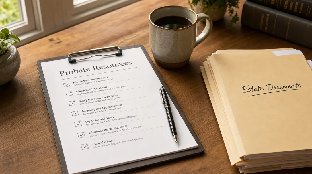 Clipboard with probate checklist on a wooden desk beside estate document folders and a coffee cup