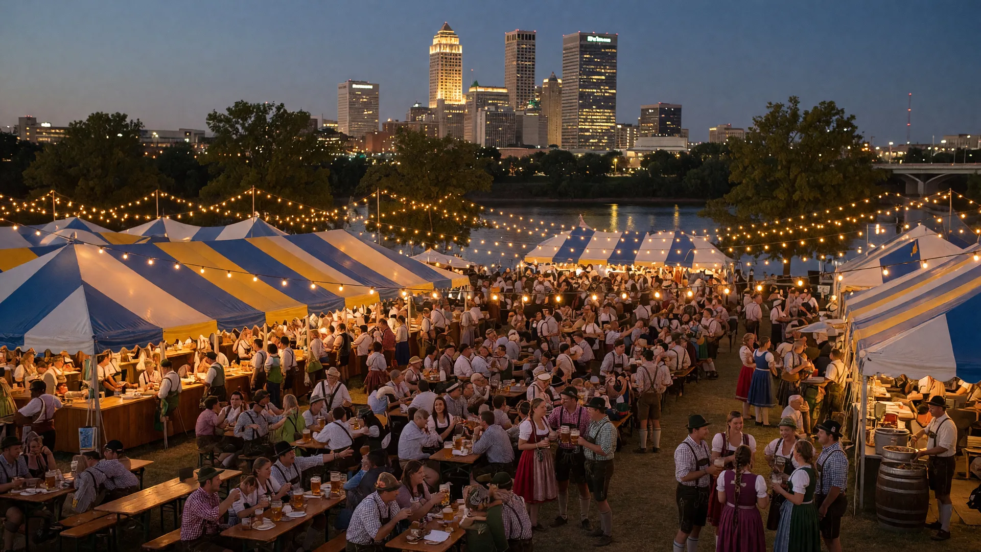 Zeeco Tulsa Oktoberfest at River West Festival Park with festival tents, traditional Bavarian attire, and the Tulsa skyline at golden hour