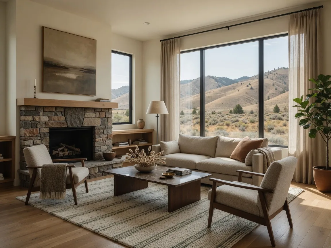Illustrative image of a refined living room with large windows overlooking the Boise foothills