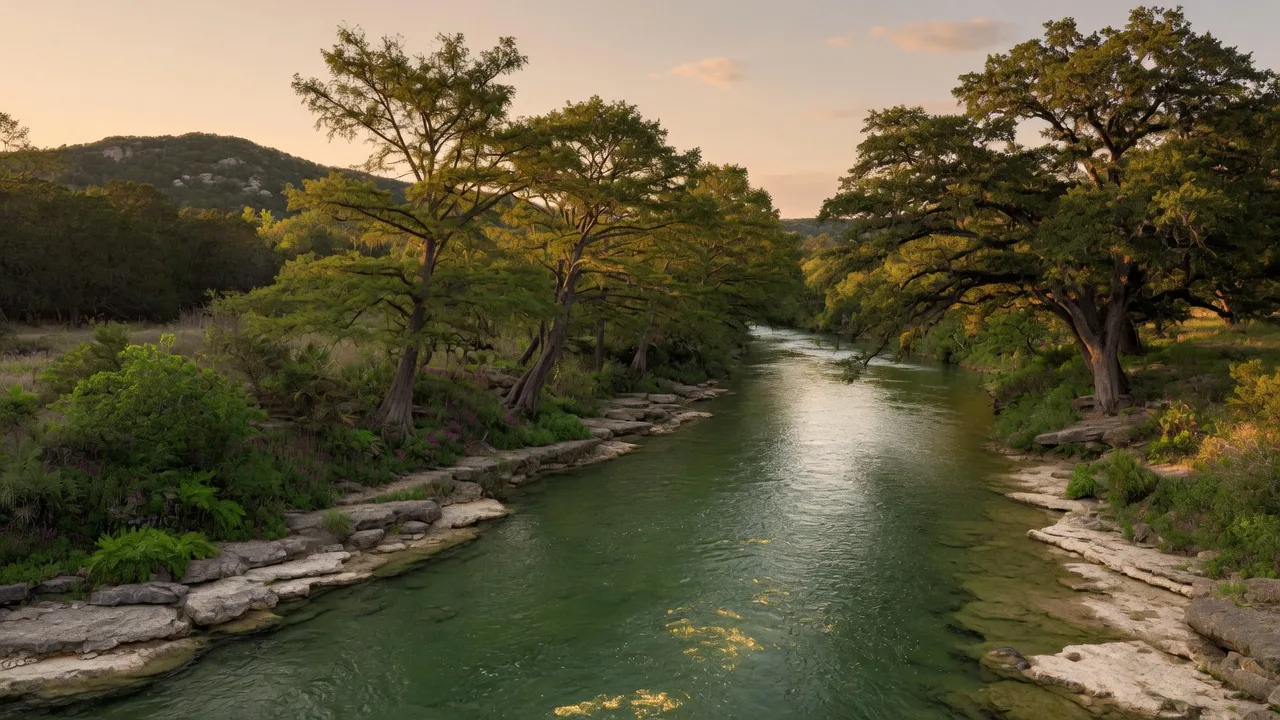 The Guadalupe River winding through limestone banks and live oaks near Spring Branch