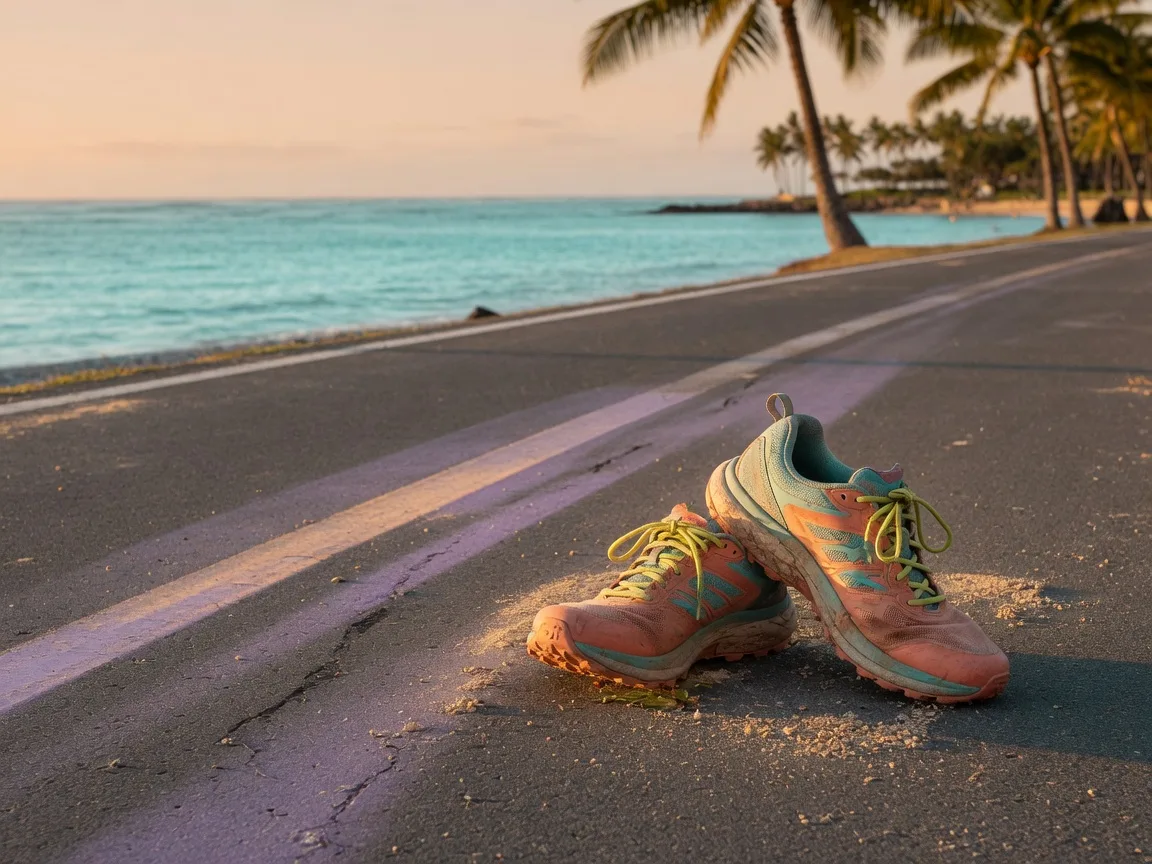 A pair of trail running shoes resting on a sunlit coastal running path near the ocean in Honolulu