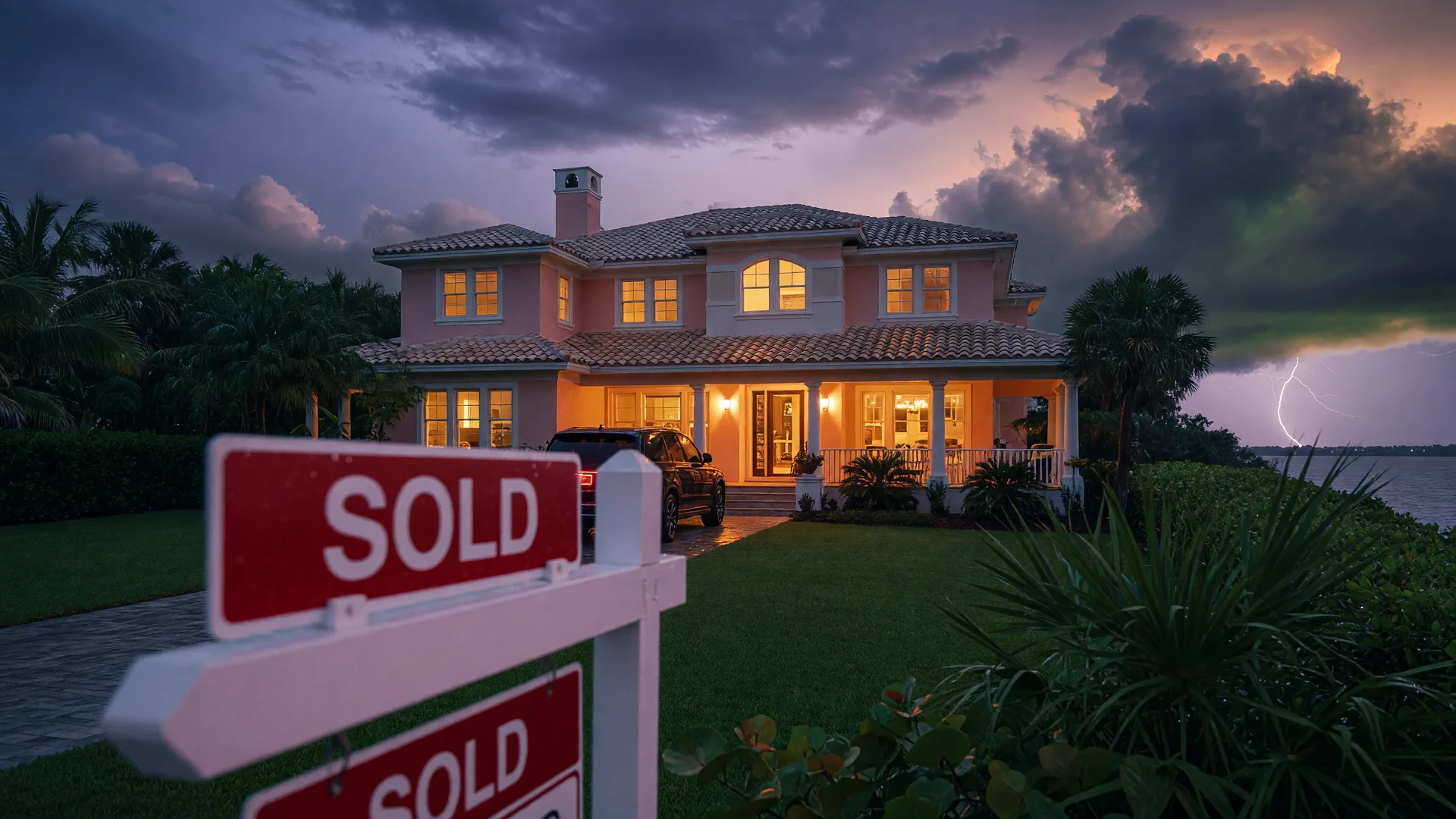 A real estate sold sign in front of a Florida coastal home at twilight, with dramatic storm clouds gathering overhead and warm amber light glowing from the windows