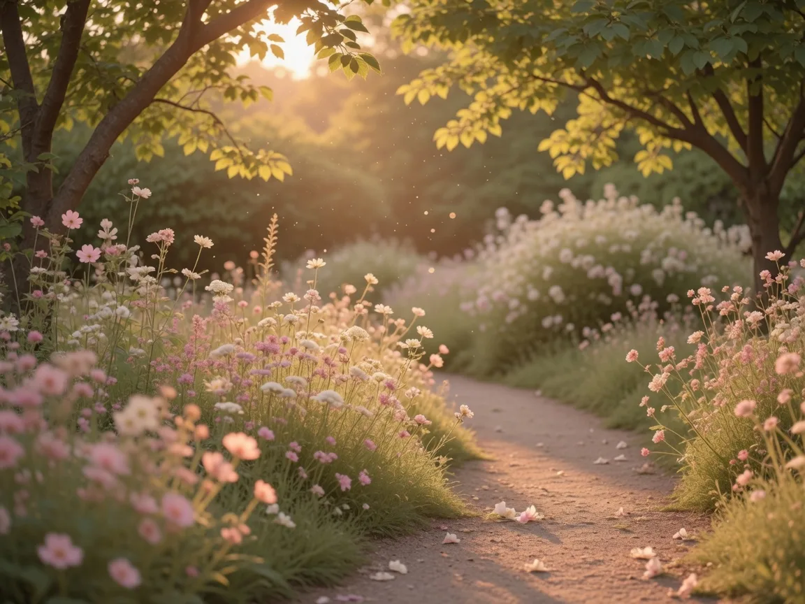 Peaceful garden path with delicate wildflowers in soft pink and cream tones at golden hour