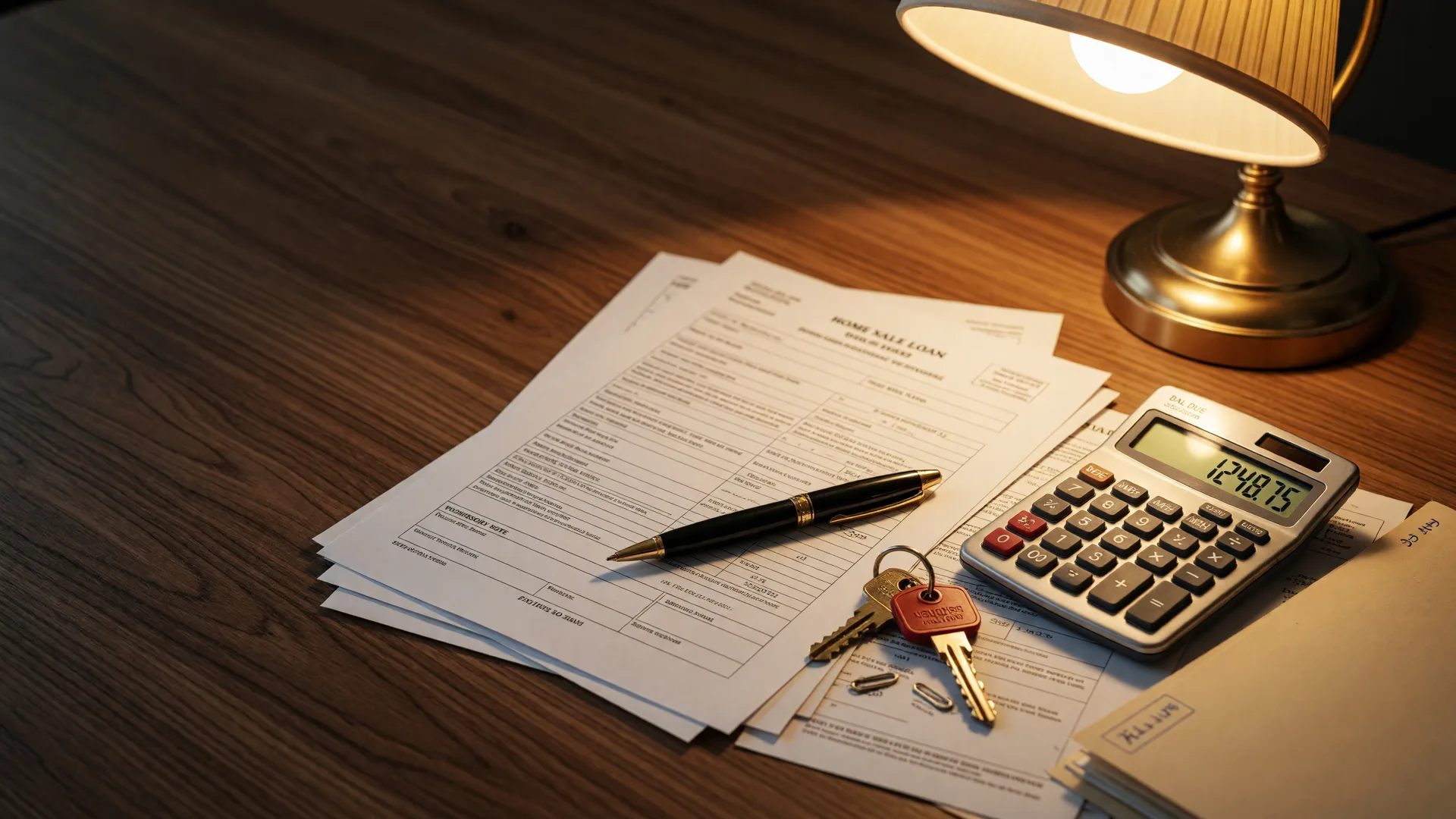 Home sale closing desk with loan documents, a house key, and a calculator under warm lamp light