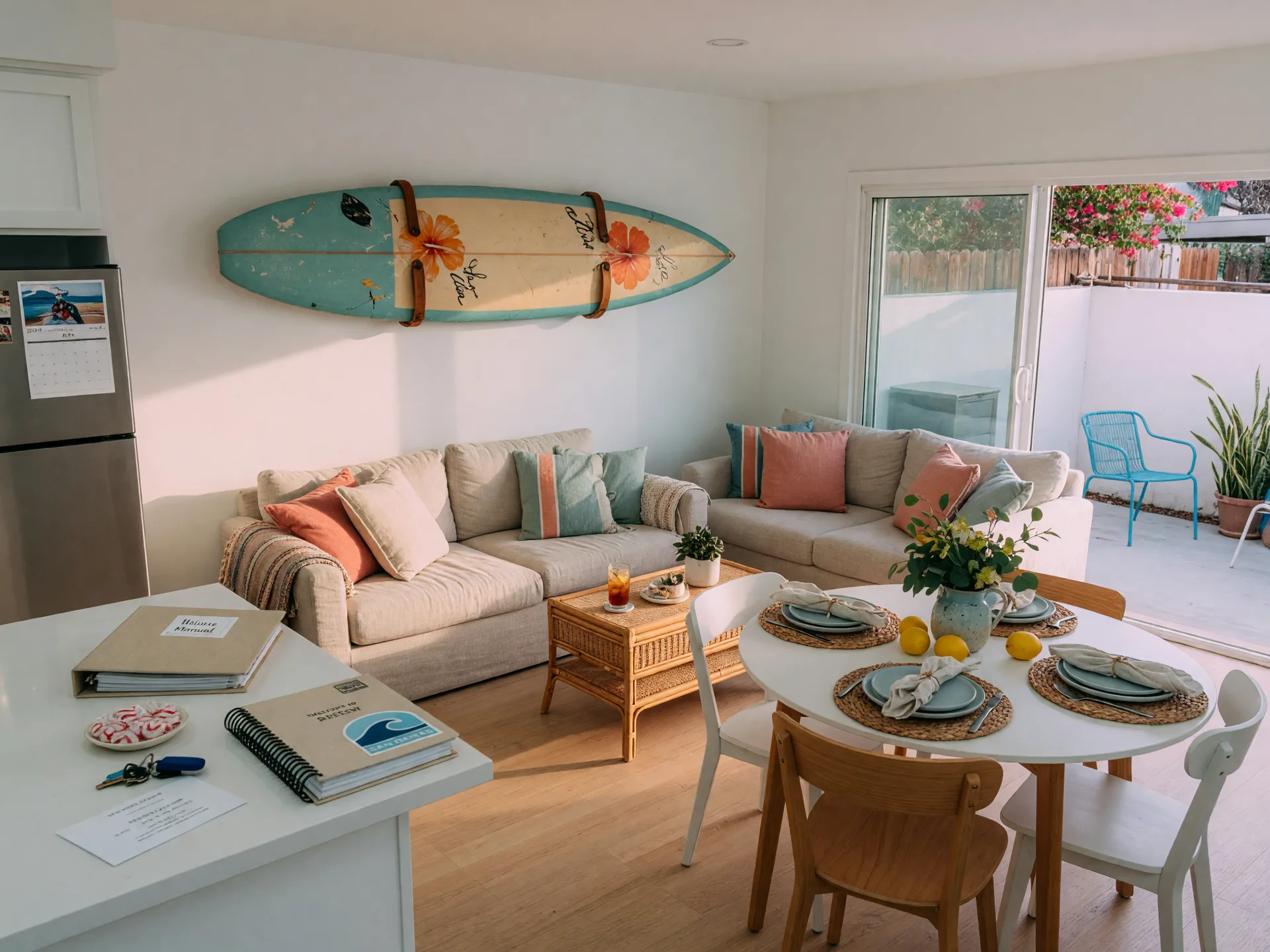 A bright coastal-modern living room inside a professionally managed San Diego vacation rental