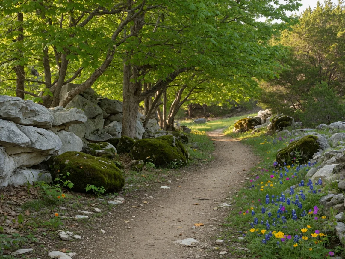 A serene hiking trail winding through limestone rock formations and moss-covered boulders beneath a canopy of bigtooth maple trees at Lost Maples State Natural Area