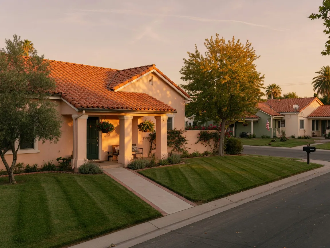 A well-kept single-story Fresno-area home at golden hour