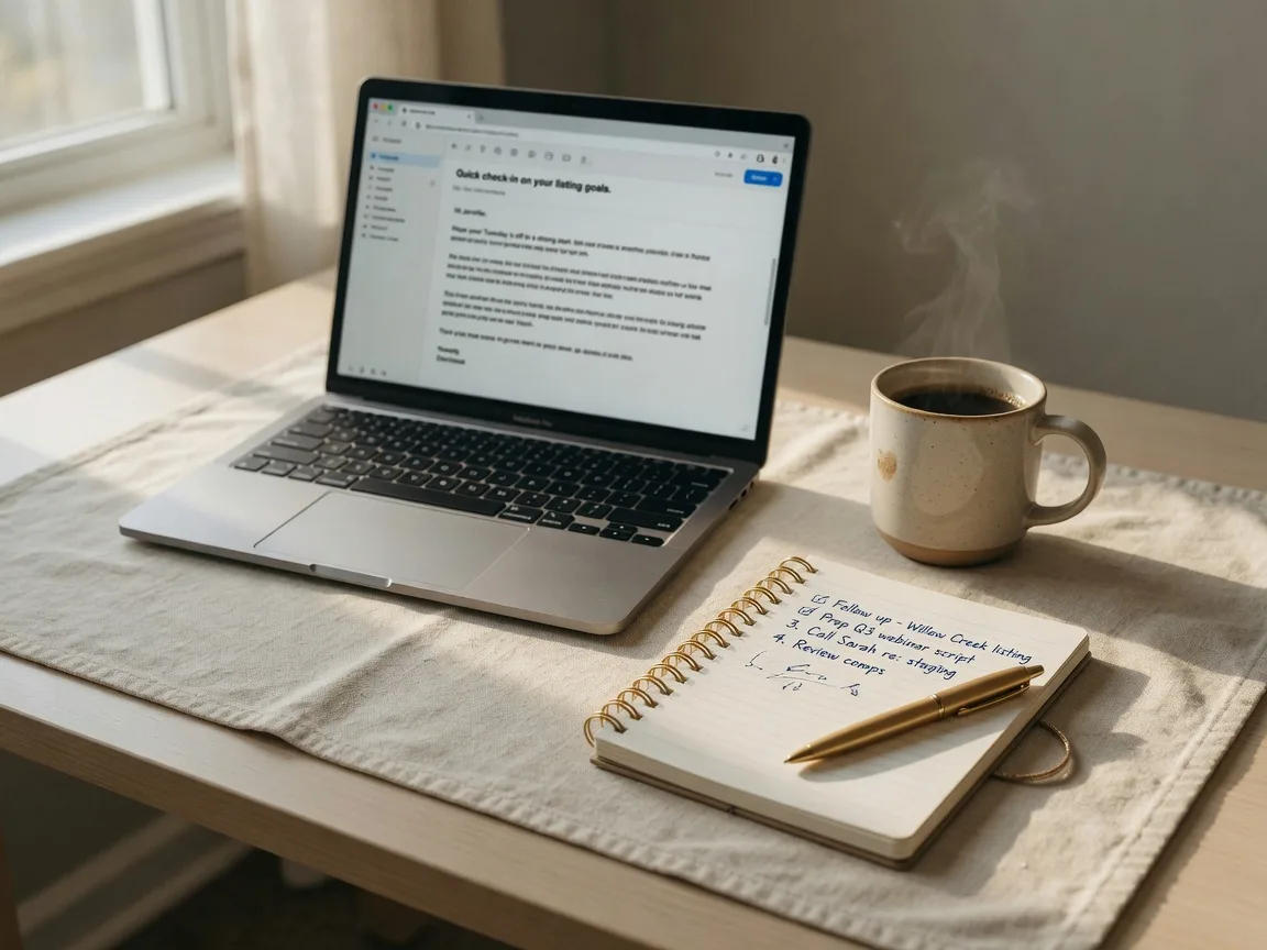 A desk scene of a laptop, coffee, notebook, and gold pen, the quiet tools behind the Tuesday Did You Know email