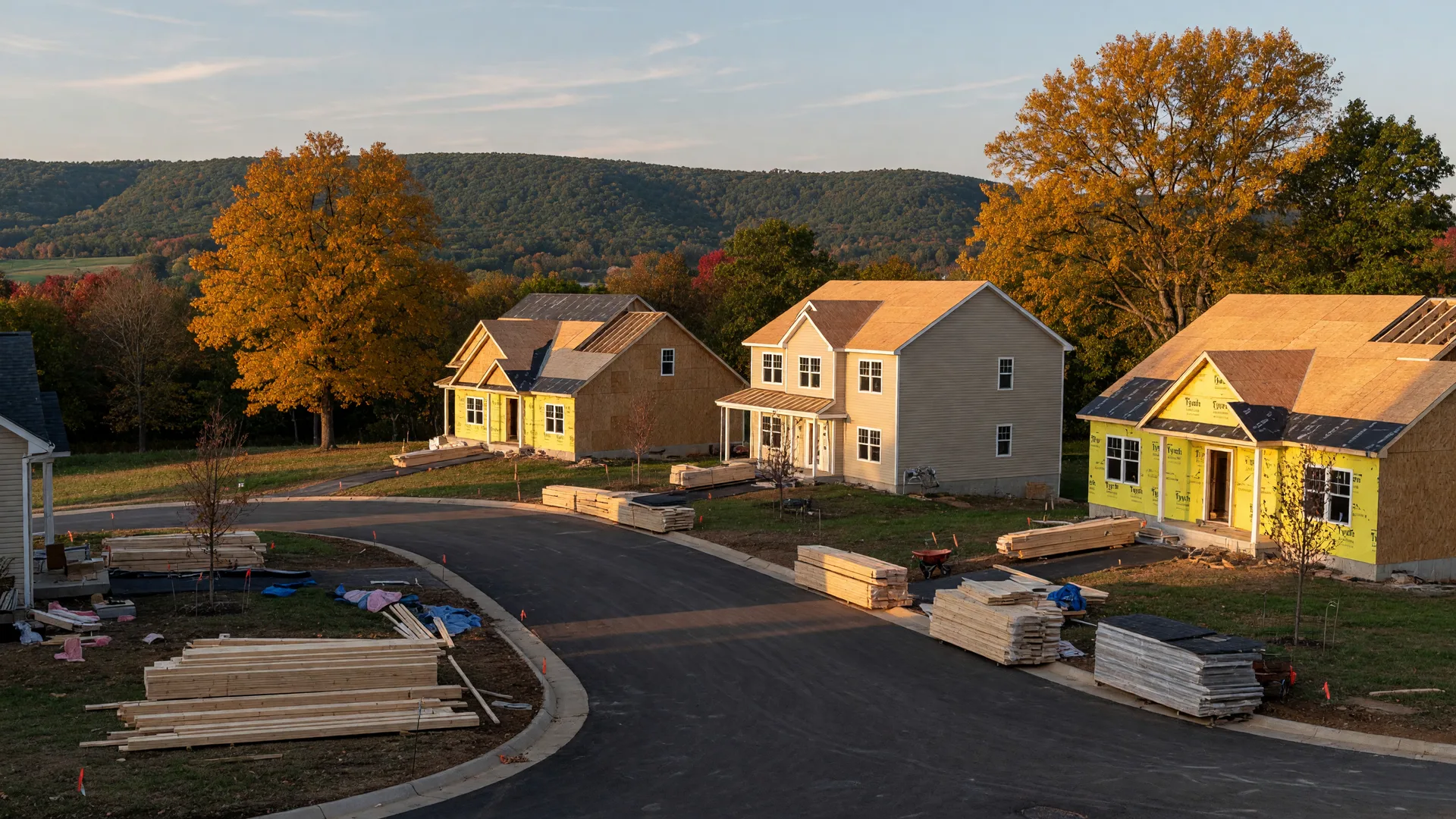 New construction single-family homes under development in a Pennsylvania valley in autumn