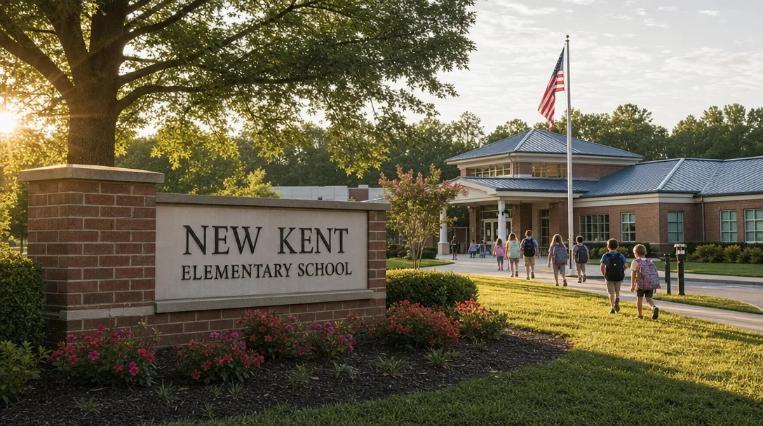 New Kent Elementary School entrance on a sunny late-summer morning with students walking toward the building