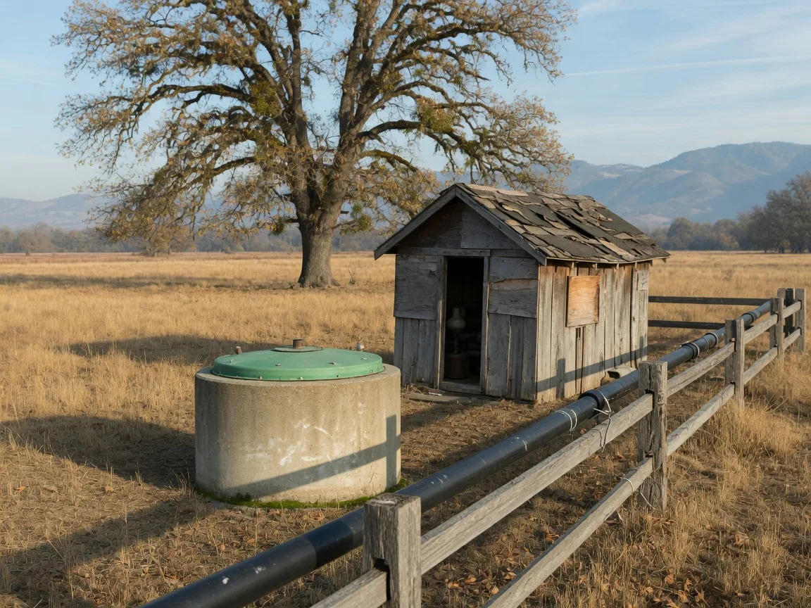 A private water well on a rural Merced County acreage property with a concrete well casing, rounded metal well cap, a small wooden pump house, a waterline along a split-rail fence, golden grass, a valley oak, and the Sierra Nevada foothills on the horizon