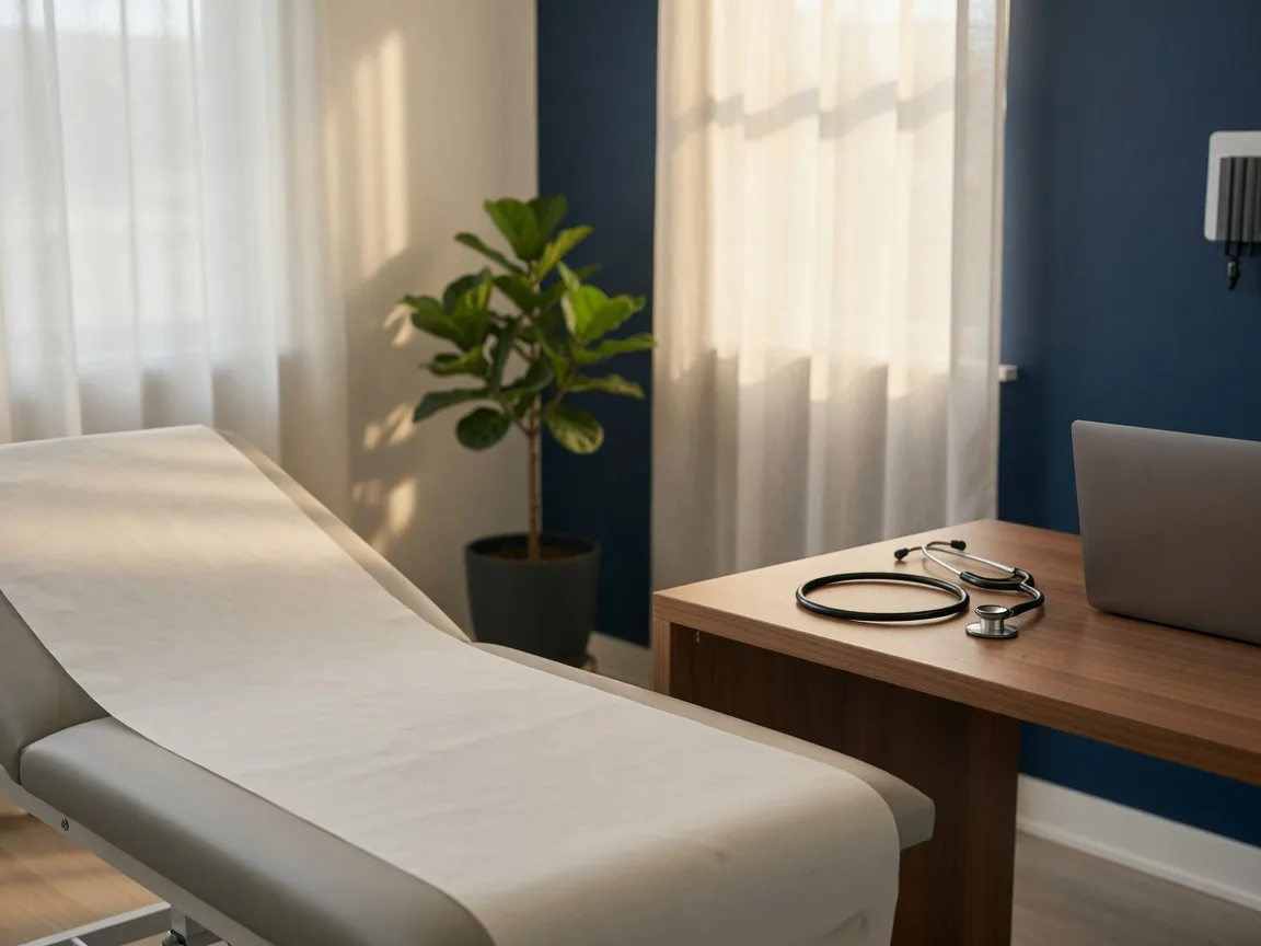 A consultation room prepared for a primary care visit with a stethoscope on the desk