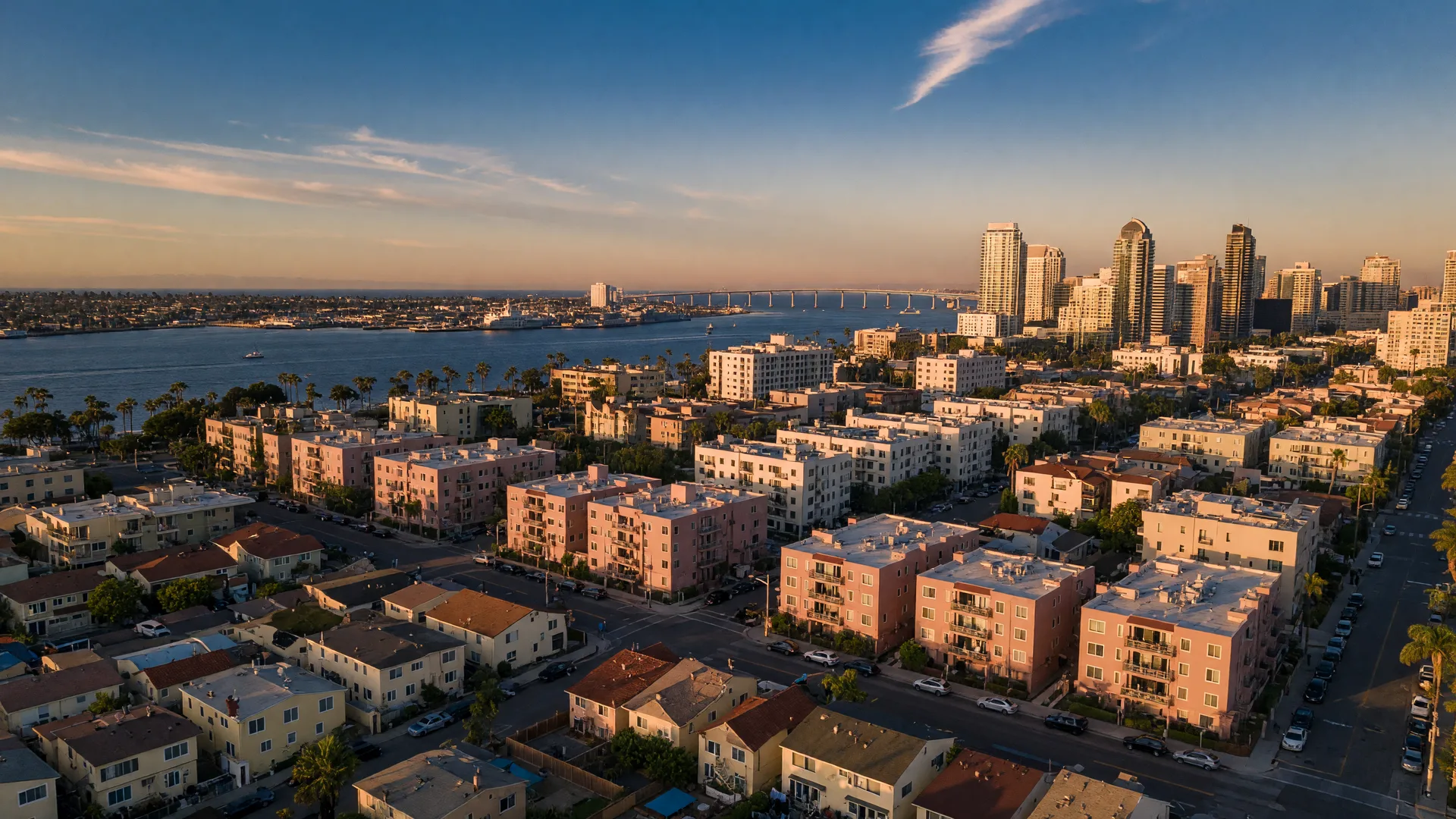 San Diego downtown skyline and residential neighborhoods captured in golden hour light