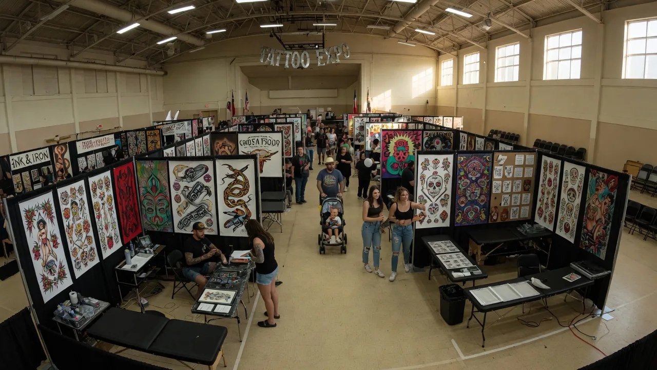 Tattoo expo inside a civic center exhibition hall with artist booths, tattoo flash art on banners, and people browsing