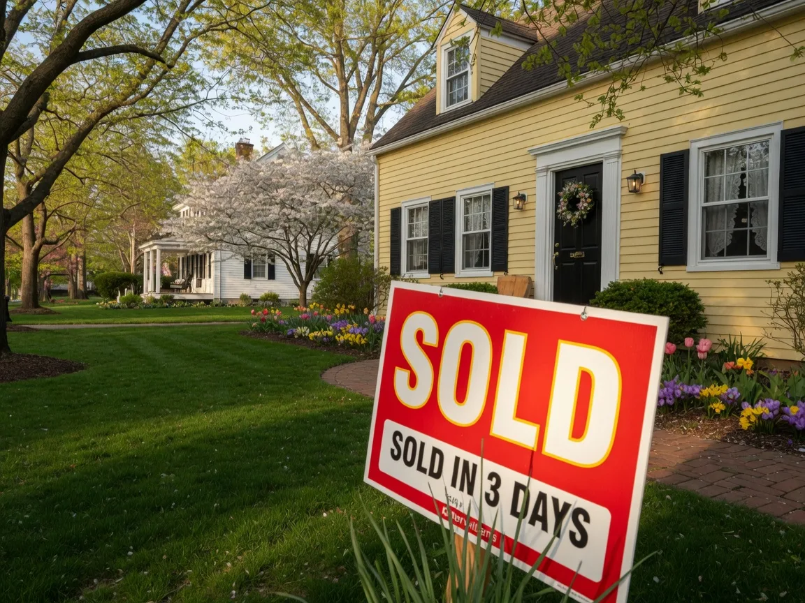 A SOLD sign in front of a colonial-style home with spring flowers and green lawn in a Prince William County neighborhood