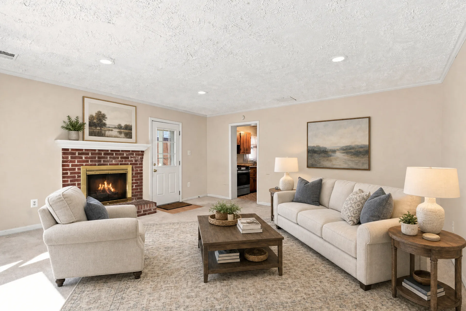 Family room with red brick fireplace and white mantle