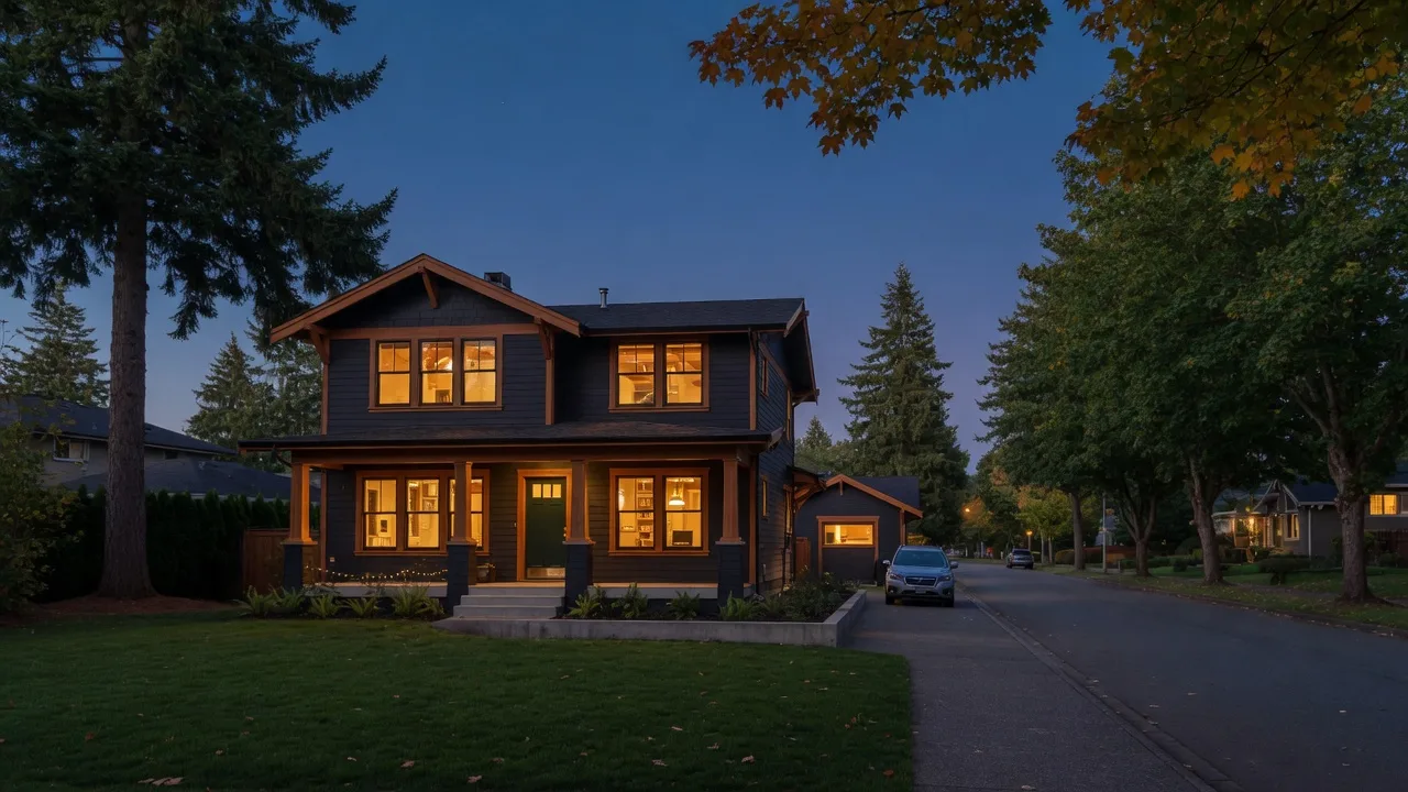 A modern craftsman home on a tree-lined Pacific Northwest street at dusk, warm windows glowing against a deep navy sky