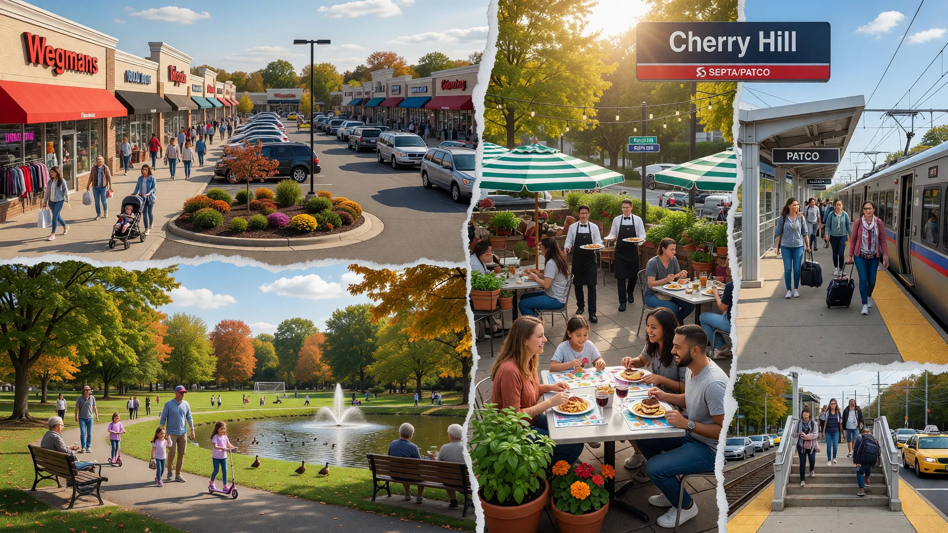 Vibrant Cherry Hill NJ scene with shopping, dining, parks, and PATCO transit
