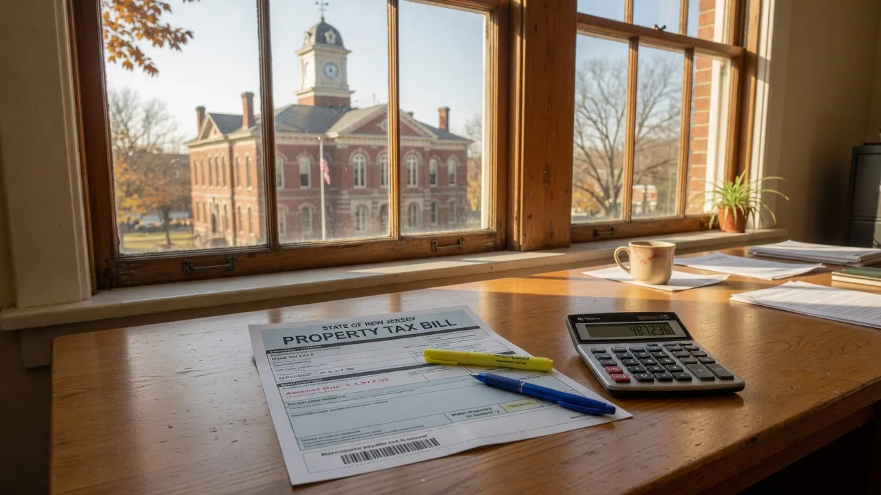 New Jersey property tax bill, calculator, and pen on a wooden desk with a historic courthouse visible through the window