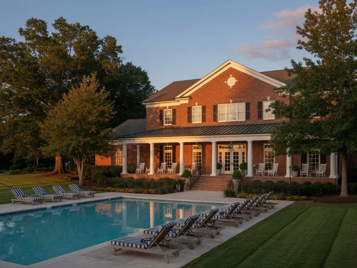 A resort-style community clubhouse with a covered porch and an outdoor pool, typical of Potomac Shores' shared amenity centers
