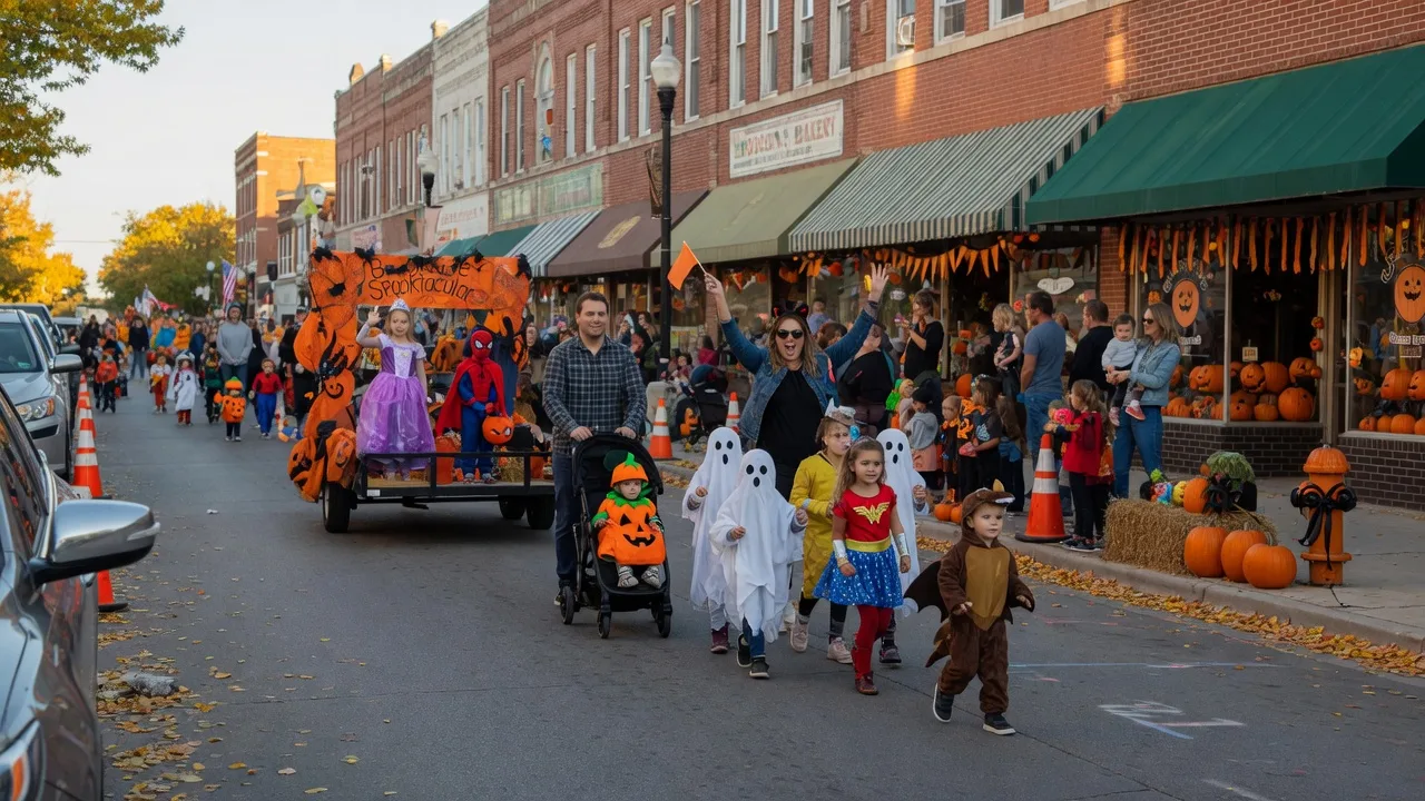 A family-friendly Halloween parade on Brookside's Peoria Avenue in Tulsa with costumed children and families lining the street in autumn light