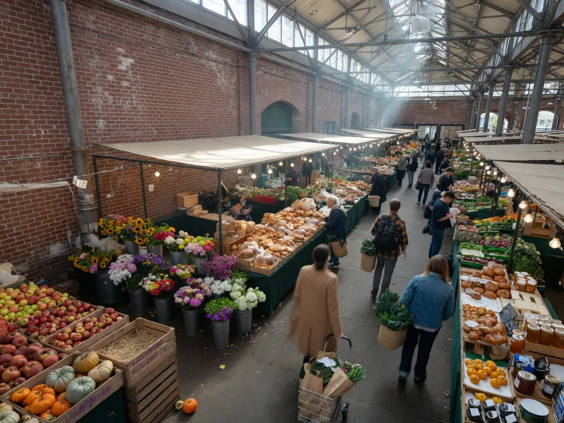 Vendor stalls with produce, flowers, and crafts inside the Oshawa Markets indoor market hall
