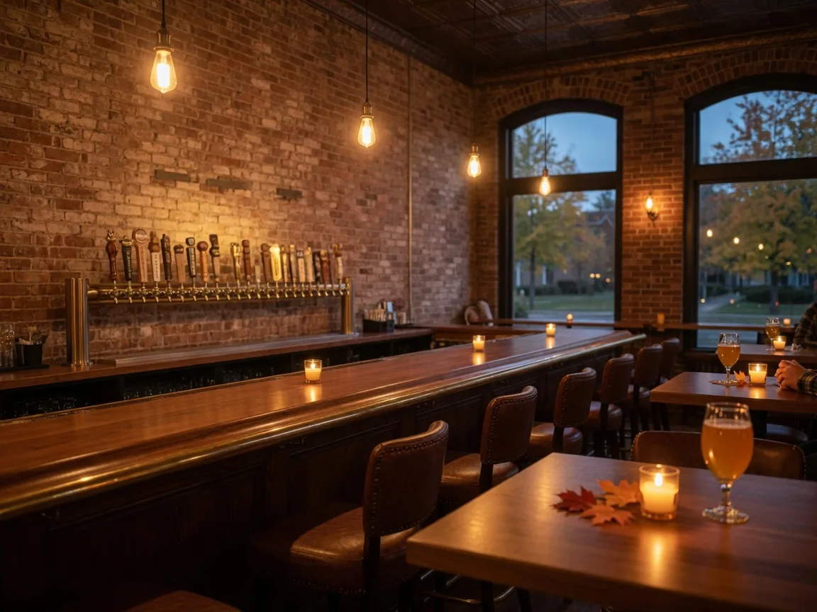An inviting upscale craft brewery taproom with Edison-bulb pendant lights over a walnut bar with leather stools and glowing amber tap handles