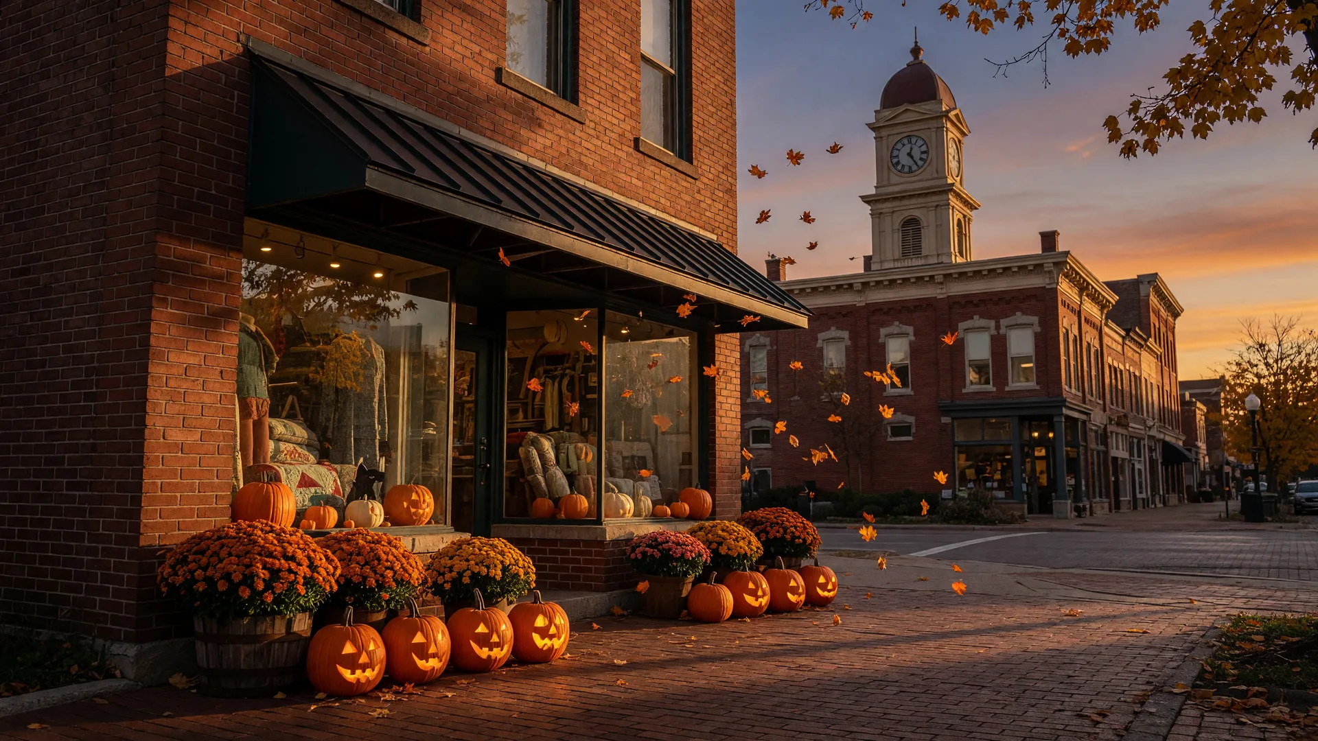 Small-town Mid-Michigan main street in late October with glowing jack-o'-lanterns, mums, and warmly lit storefronts at dusk