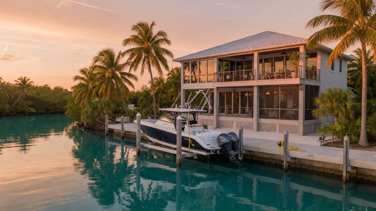 A luxury waterfront home in the Florida Keys at golden hour, elevated on concrete pilings with a standing-seam metal roof and impact glass windows, a private dock and boat lift with a sportfishing yacht moored in a calm deep-water canal