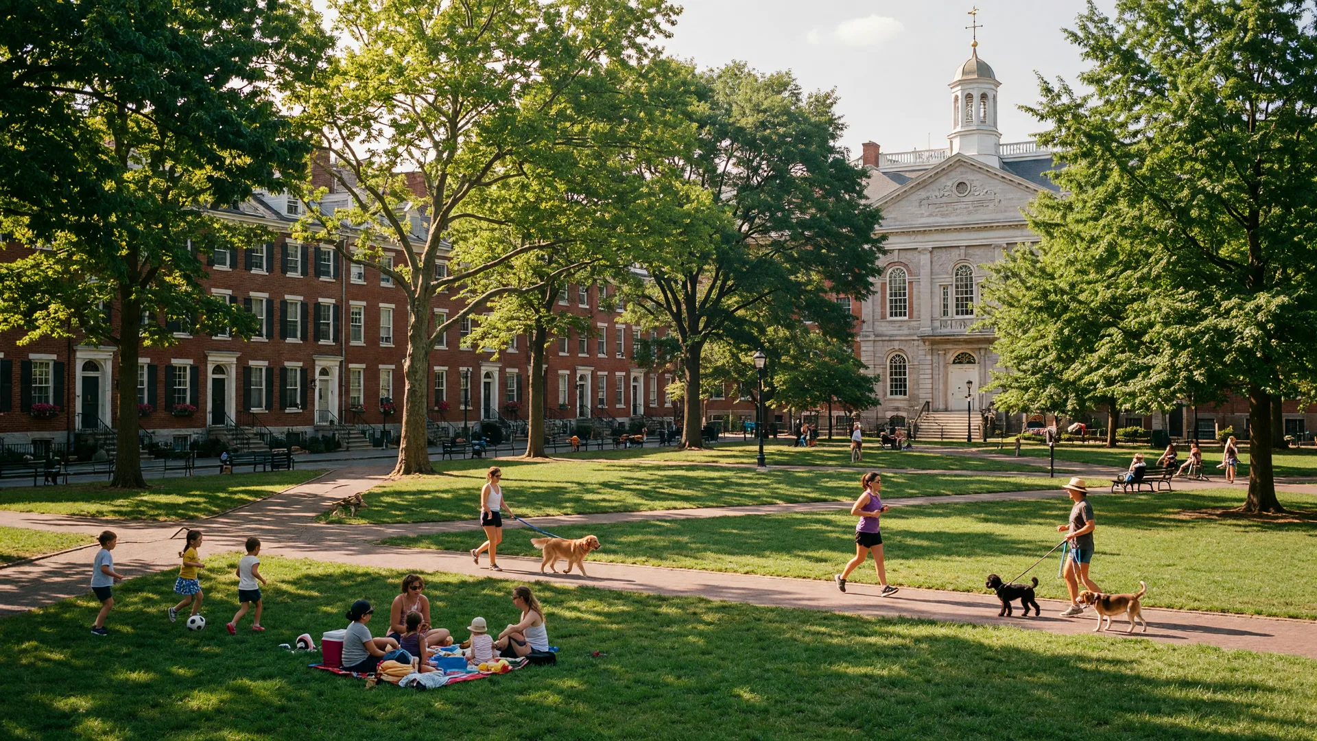 Washington Square Park in Old City Philadelphia with families enjoying the green space on a summer afternoon