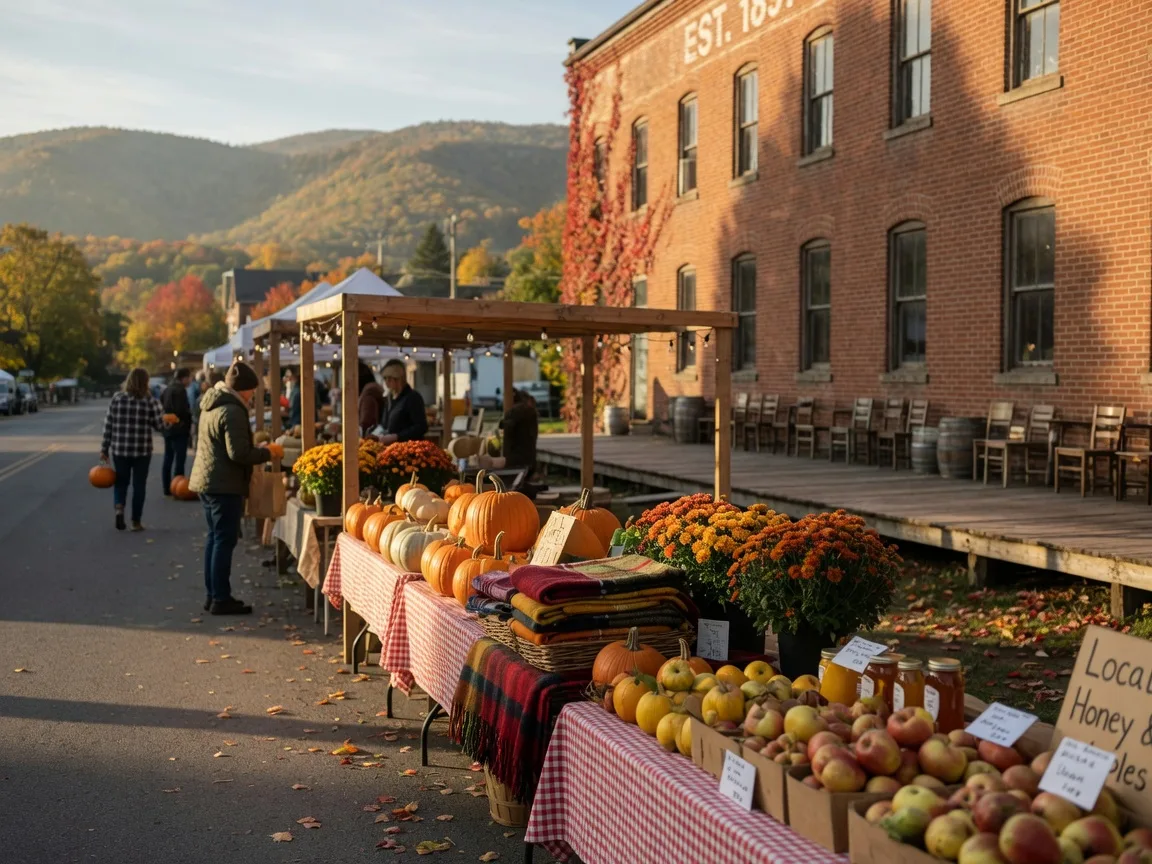 A small-town Ontario farmers market on an early October Sunday morning with stalls of pumpkins, mums, honey, apples and wool blankets beside a heritage brick brewery building with a patio, the Oak Ridges Moraine hills in the background and golden autumn light
