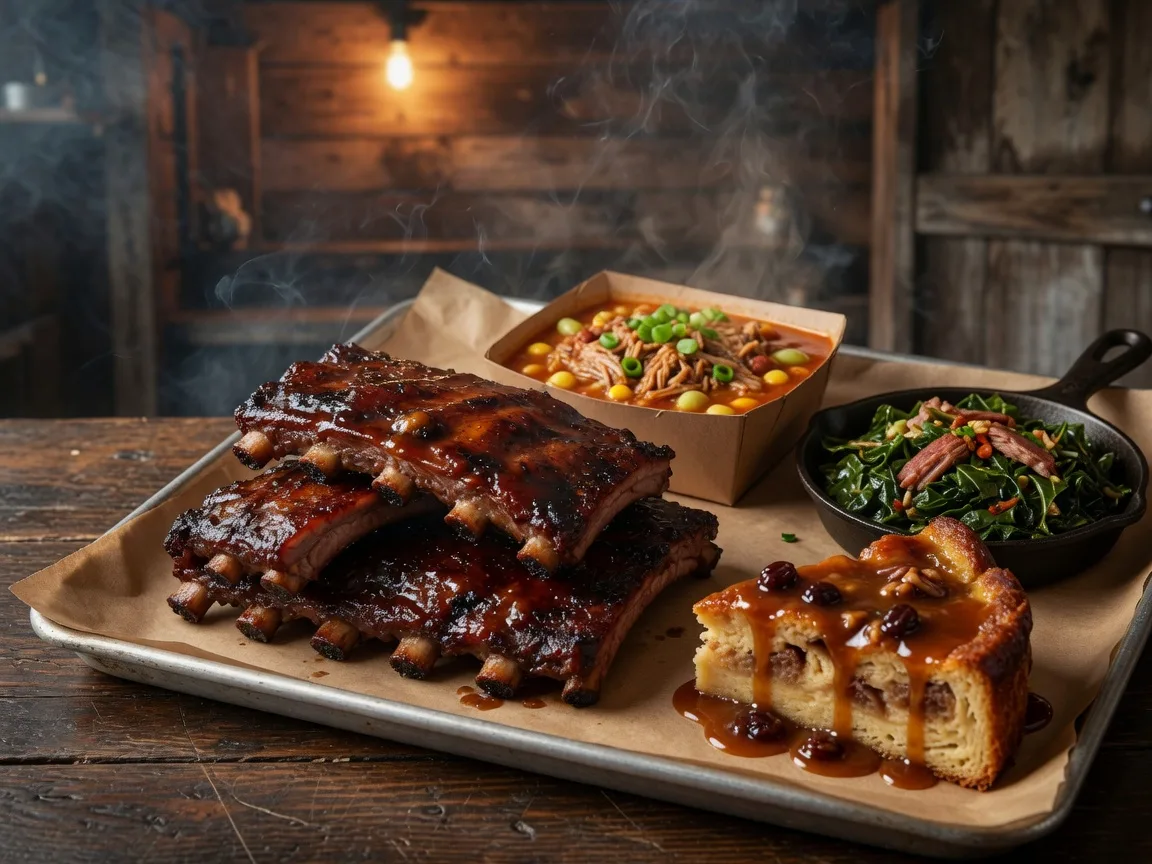 Smoked baby back ribs with a sweet glaze beside Brunswick stew, collard greens, and bourbon bread pudding at Stonewall's BBQ in Braselton Georgia