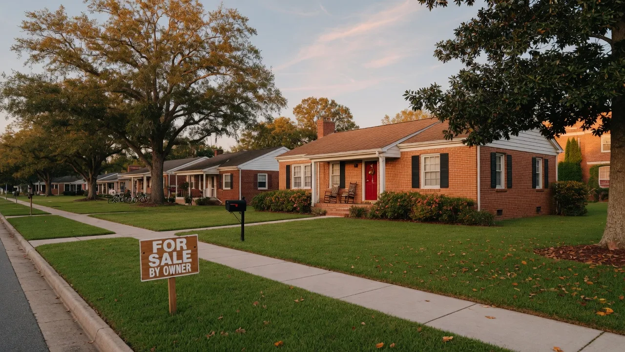 A single-story brick home on a tree-lined residential street in Auburn, Alabama with a yard sign and a green lawn