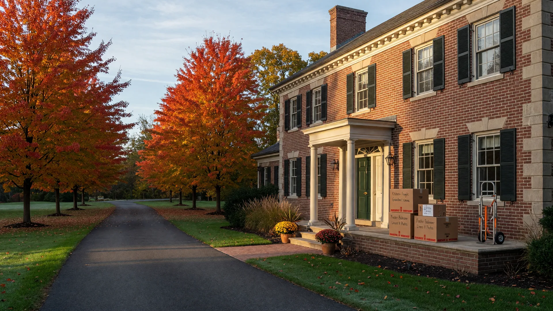 Stately brick and stone luxury home in Westlake, Ohio on a crisp late October morning, sugar maples at peak autumn color lining the driveway, moving boxes stacked on the front porch before a downsizing sale