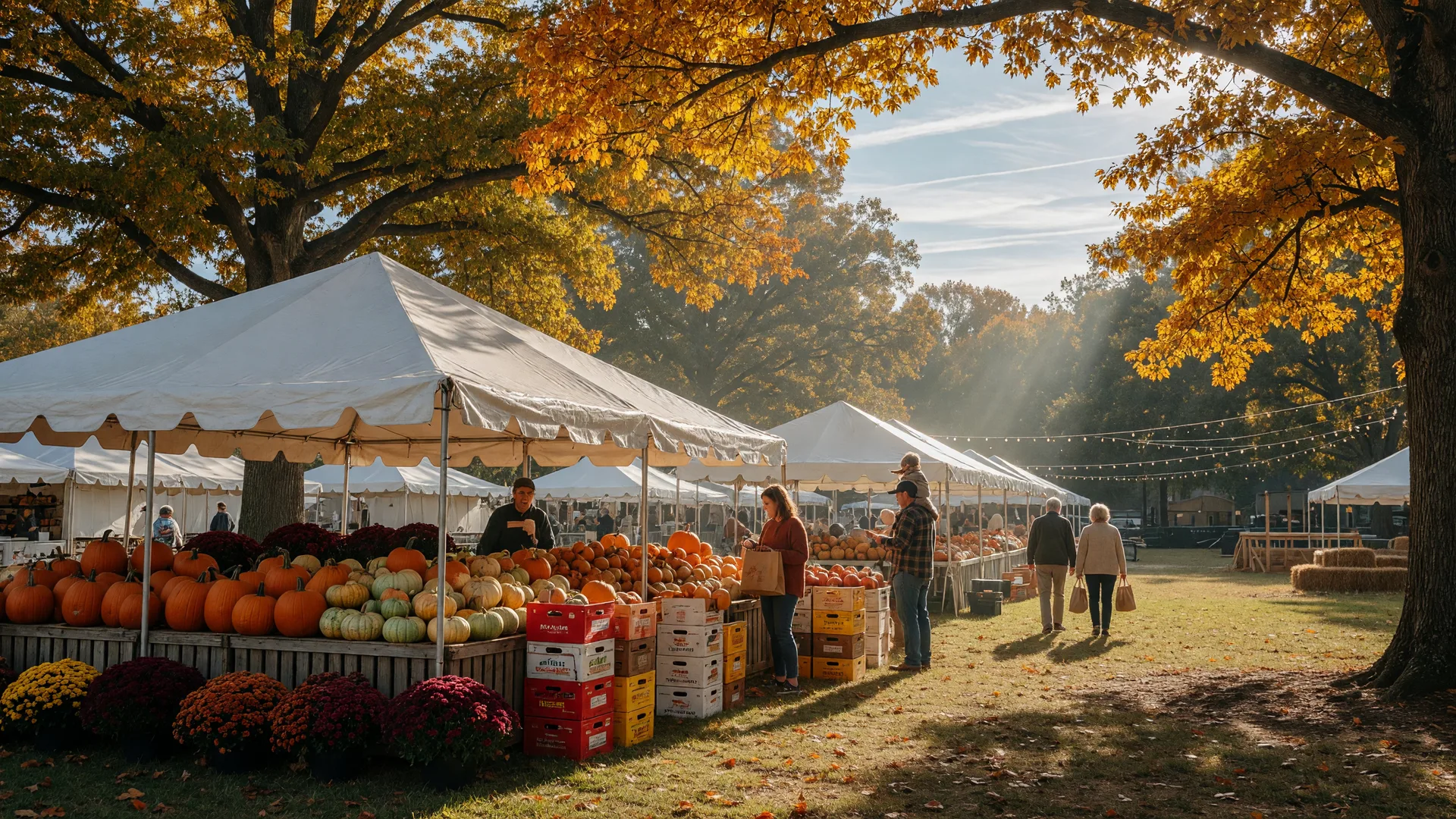 October farmers market in a Charlotte park with white market tents, pumpkins, and golden autumn leaves