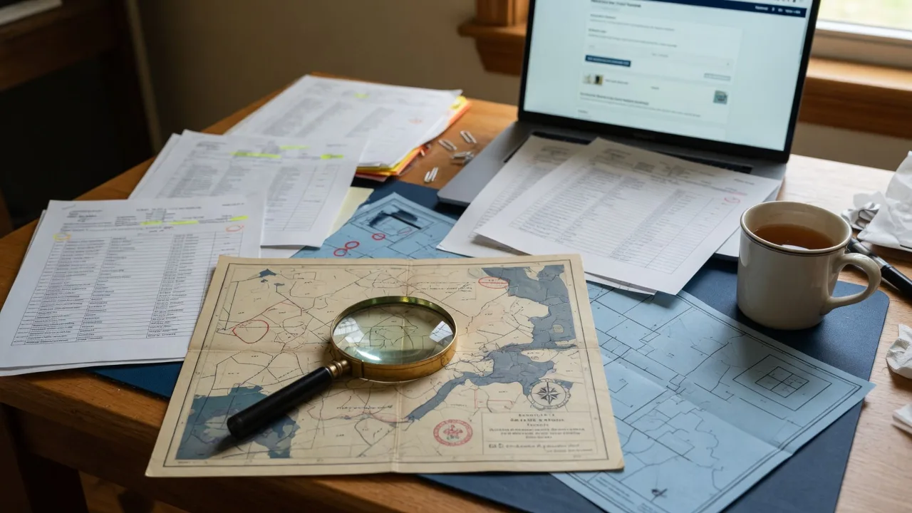 Title examiner's desk with a magnifying glass over a property map and research reports